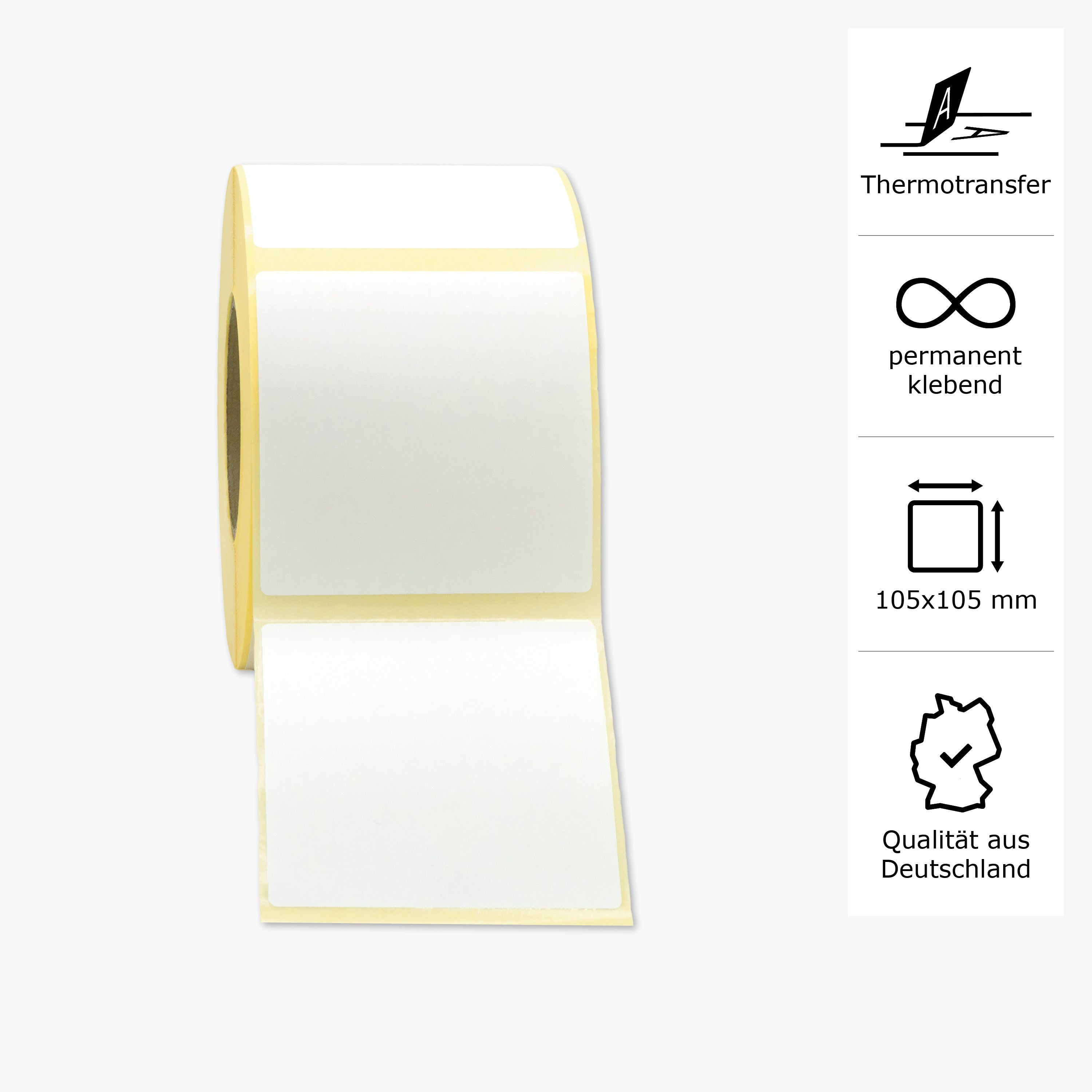 Thermotransfer-Etiketten, Papier, 105 x 105 mm, 3 Zoll Kern, permanent haftend, weiß, 1.389 Etiketten pro Rolle