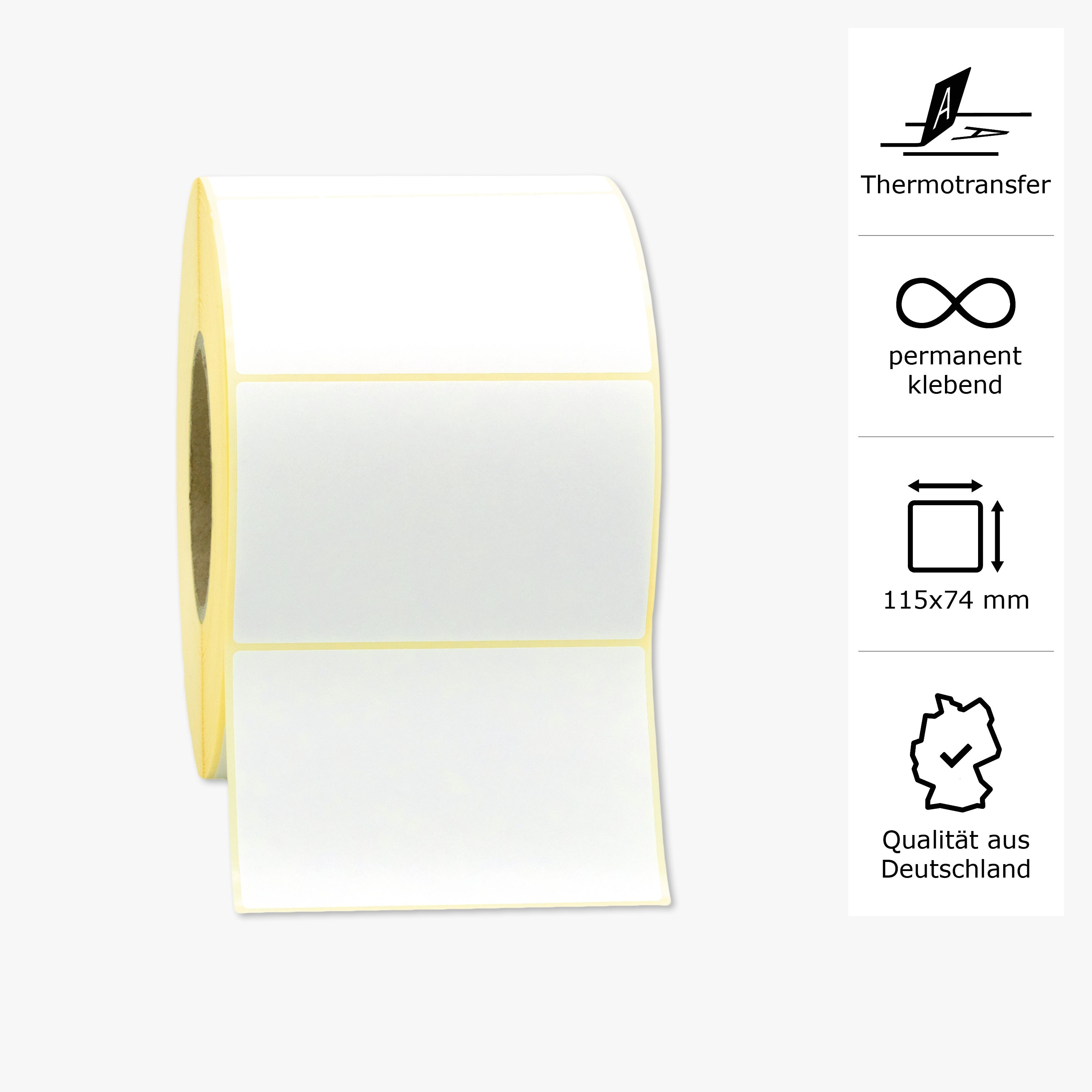 Thermotransfer-Etiketten, Papier, 115 x 74 mm, 3 Zoll Kern, permanent haftend, weiß, 1.968 Etiketten pro Rolle