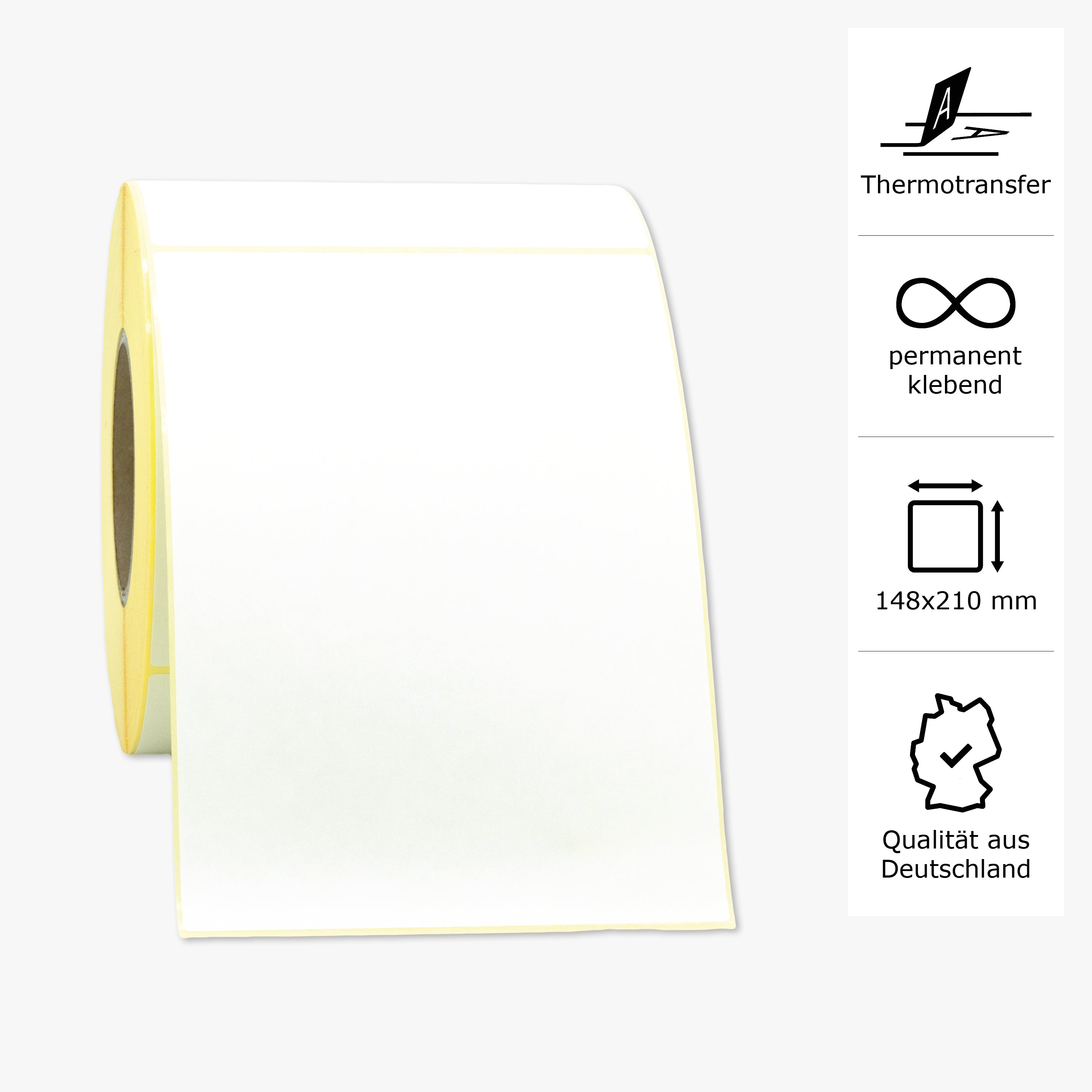 Thermotransfer-Etiketten, Papier, 148 x 210 mm, 3 Zoll Kern, permanent haftend, weiß, 2.115 Etiketten pro Rolle