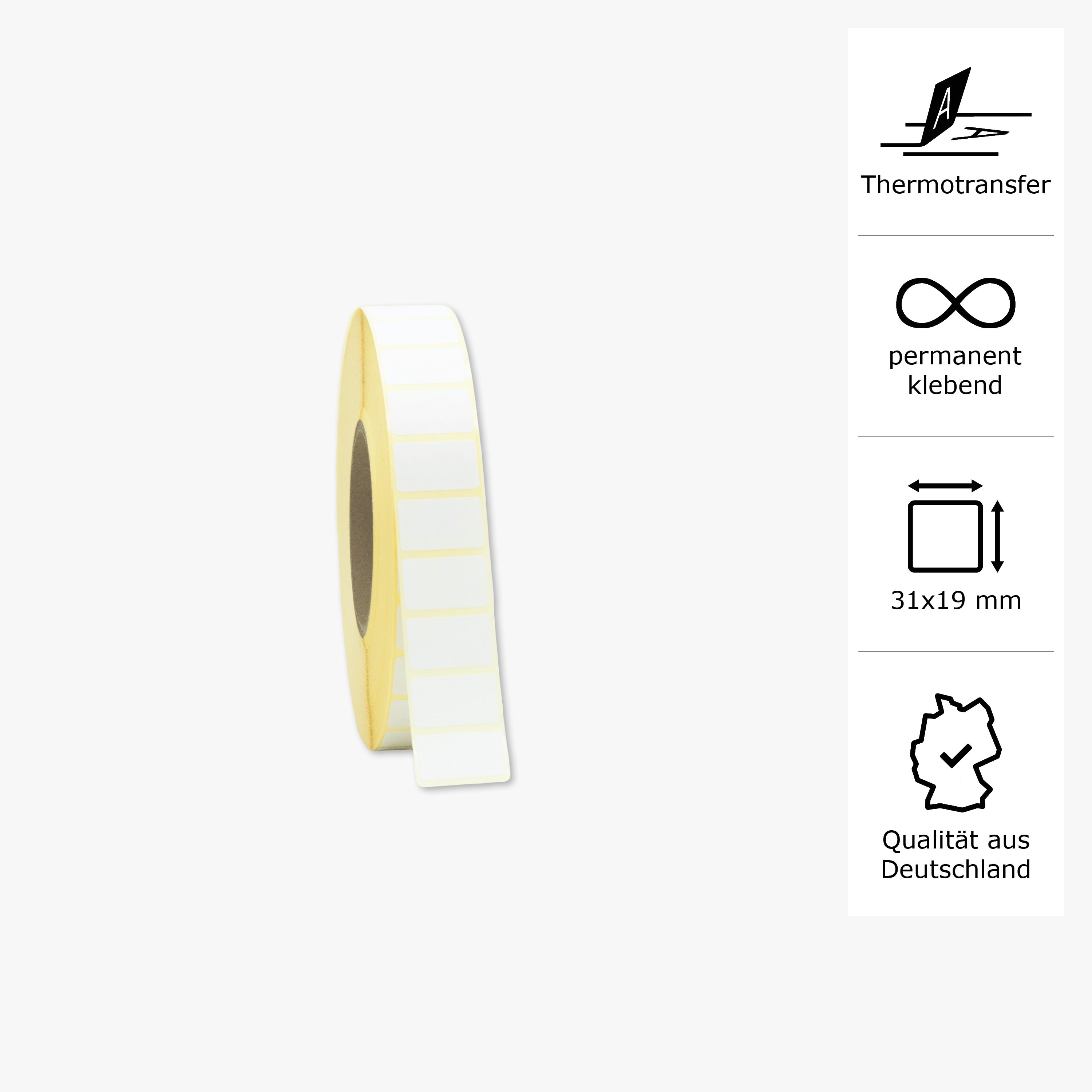 Thermotransfer-Etiketten, Papier, 31 x 19 mm, 3 Zoll Kern, permanent haftend, weiß, 6.791 Etiketten pro Rolle