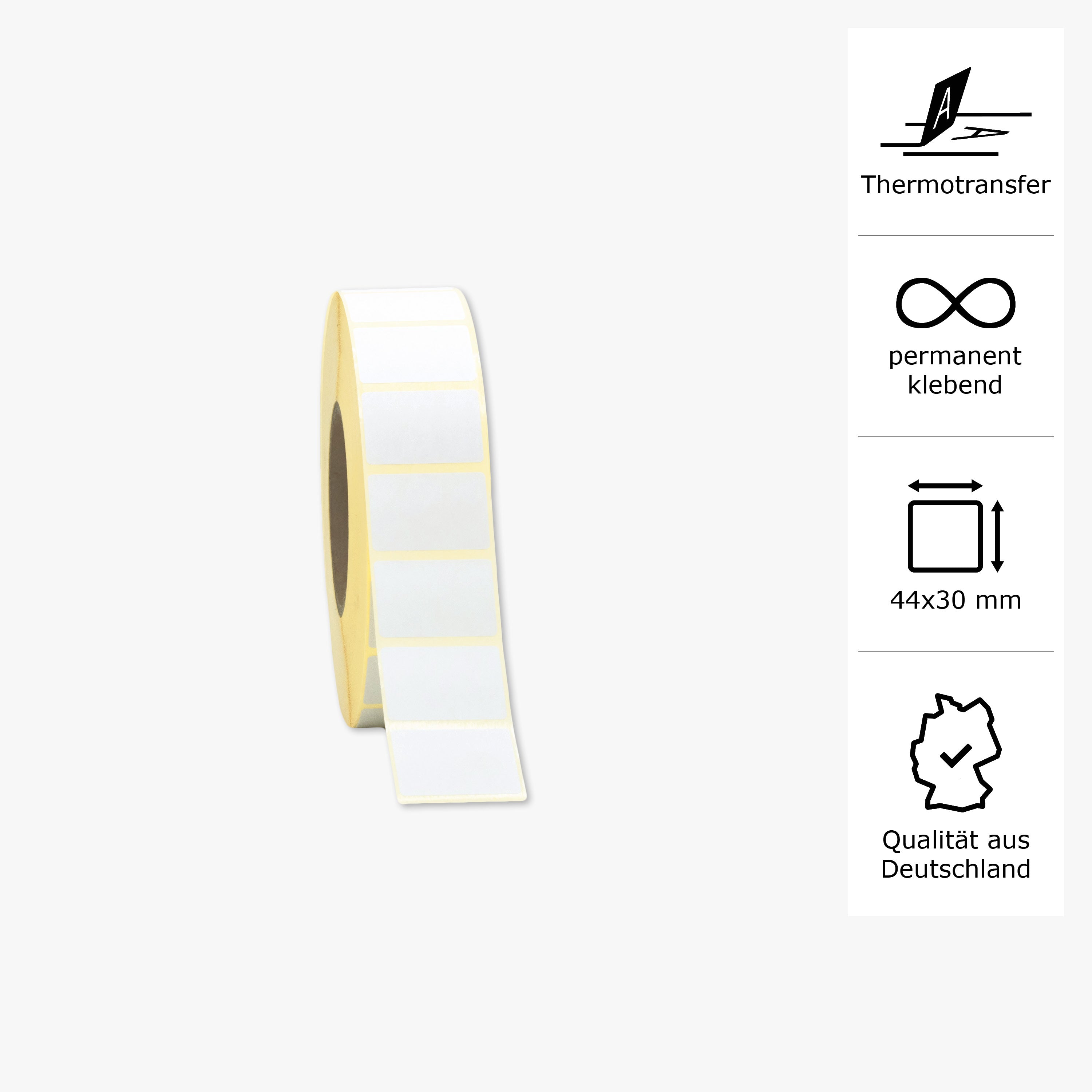 Thermotransfer-Etiketten, Papier, 44 x 30 mm, 3 Zoll Kern, permanent haftend, weiß, 4.542 Etiketten pro Rolle