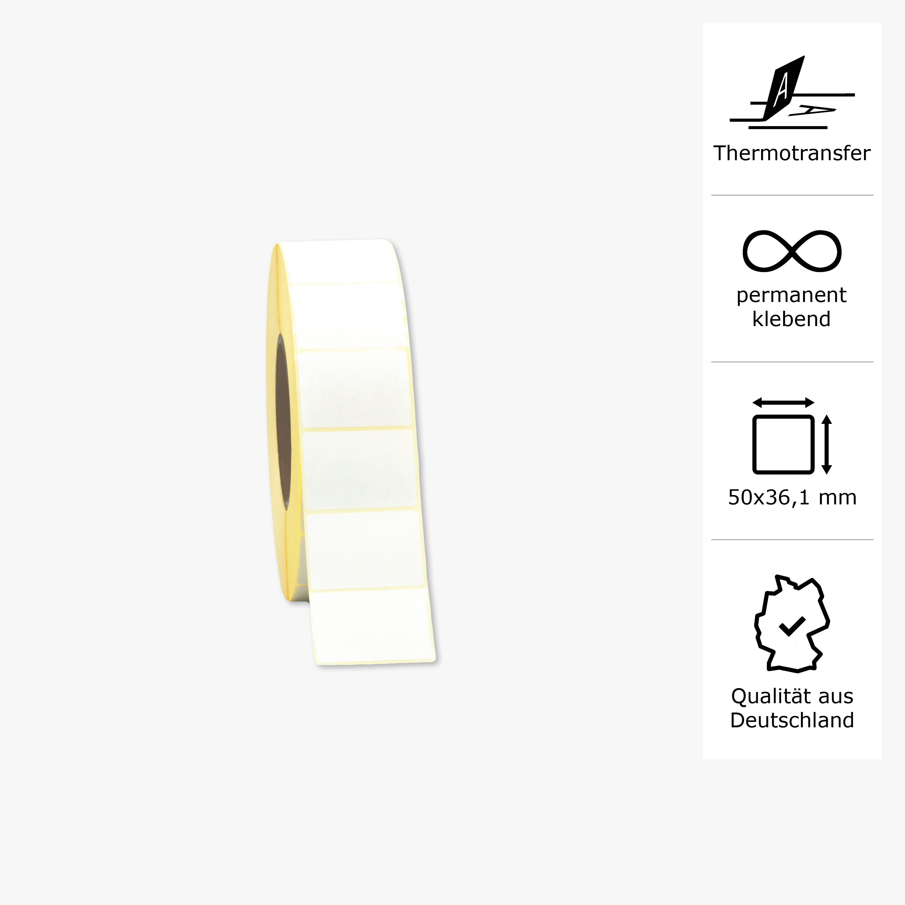 Thermotransfer-Etiketten, Papier, 50 x 36,1 mm, 3 Zoll Kern, permanent haftend, weiß, 3.937 Etiketten pro Rolle