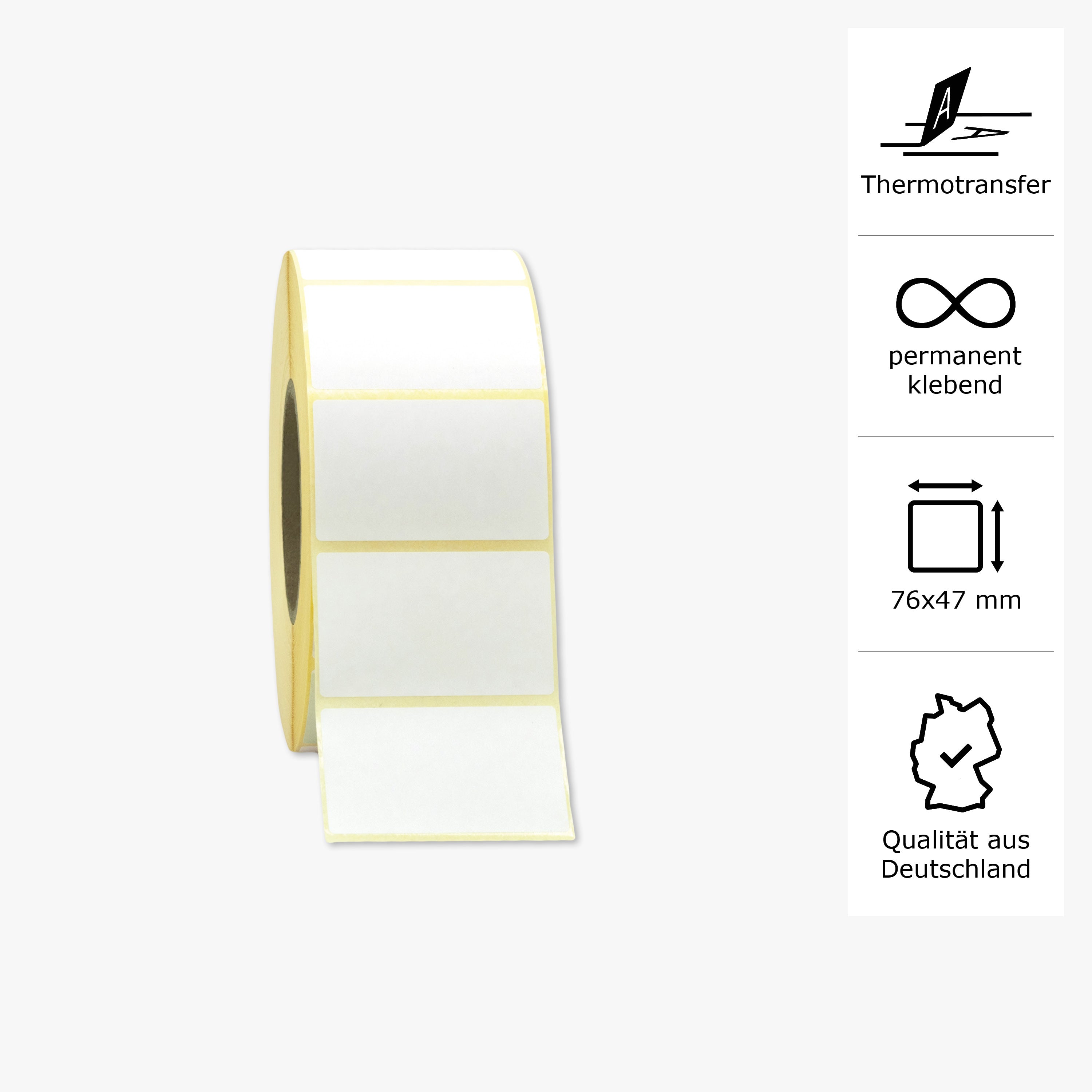 Thermotransfer-Etiketten, Papier, 76 x 47 mm, 3 Zoll Kern, permanent haftend, weiß, 2.999 Etiketten pro Rolle