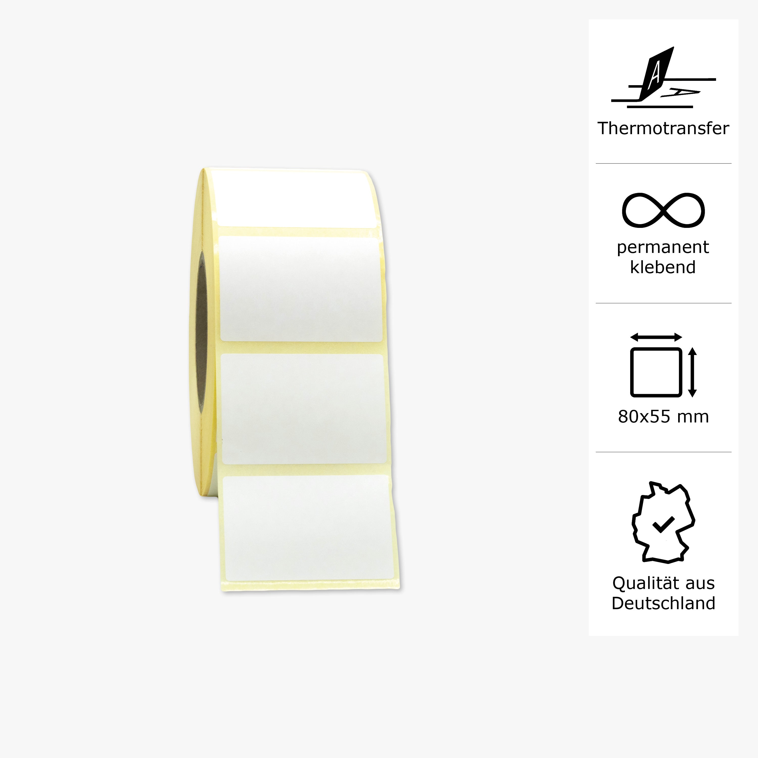 Thermotransfer-Etiketten, Papier, 80 x 55 mm, 3 Zoll Kern, permanent haftend, weiß, 2.583 Etiketten pro Rolle