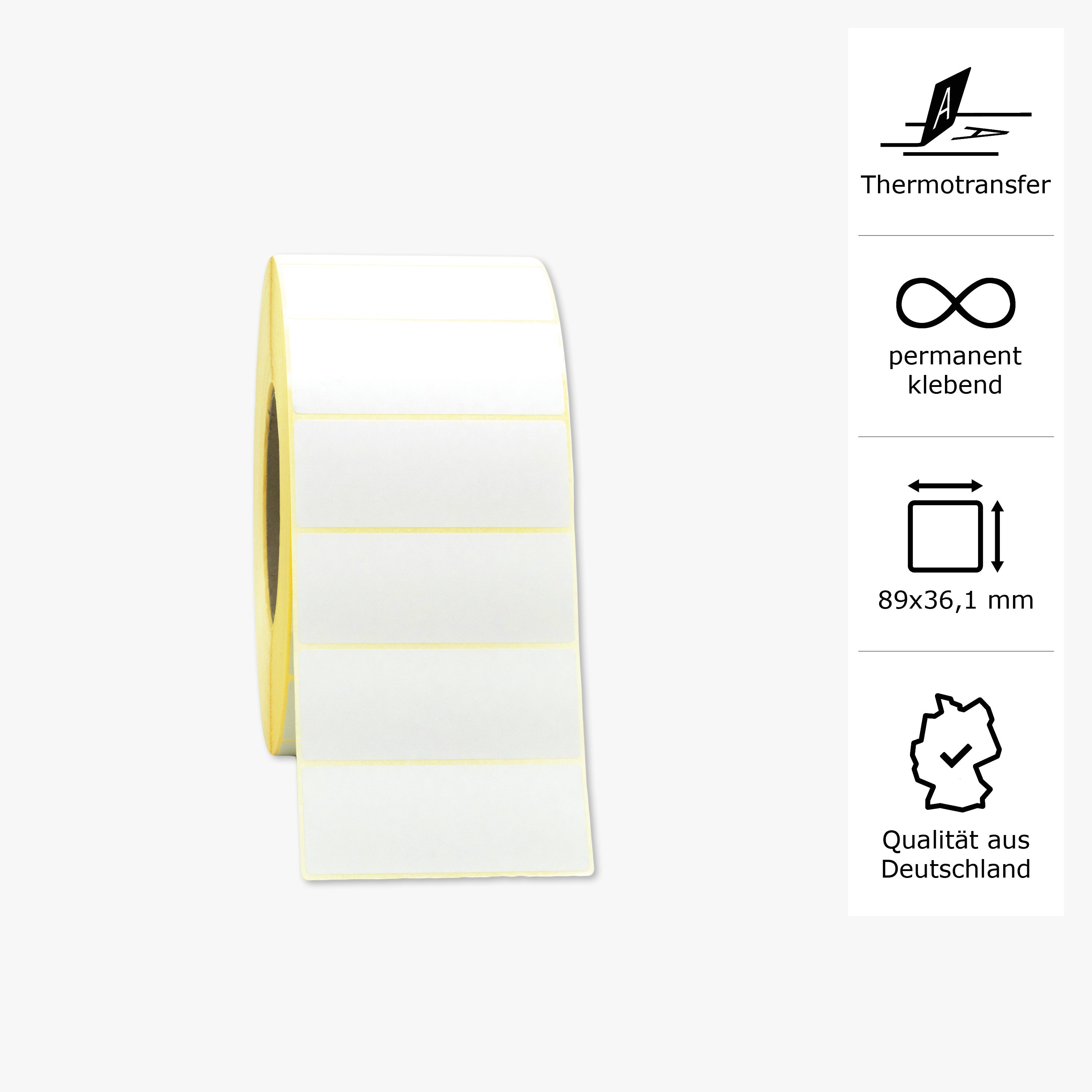 Thermotransfer-Etiketten, Papier, 89 x 36,1 mm, 3 Zoll Kern, permanent haftend, weiß, 3.937 Etiketten pro Rolle