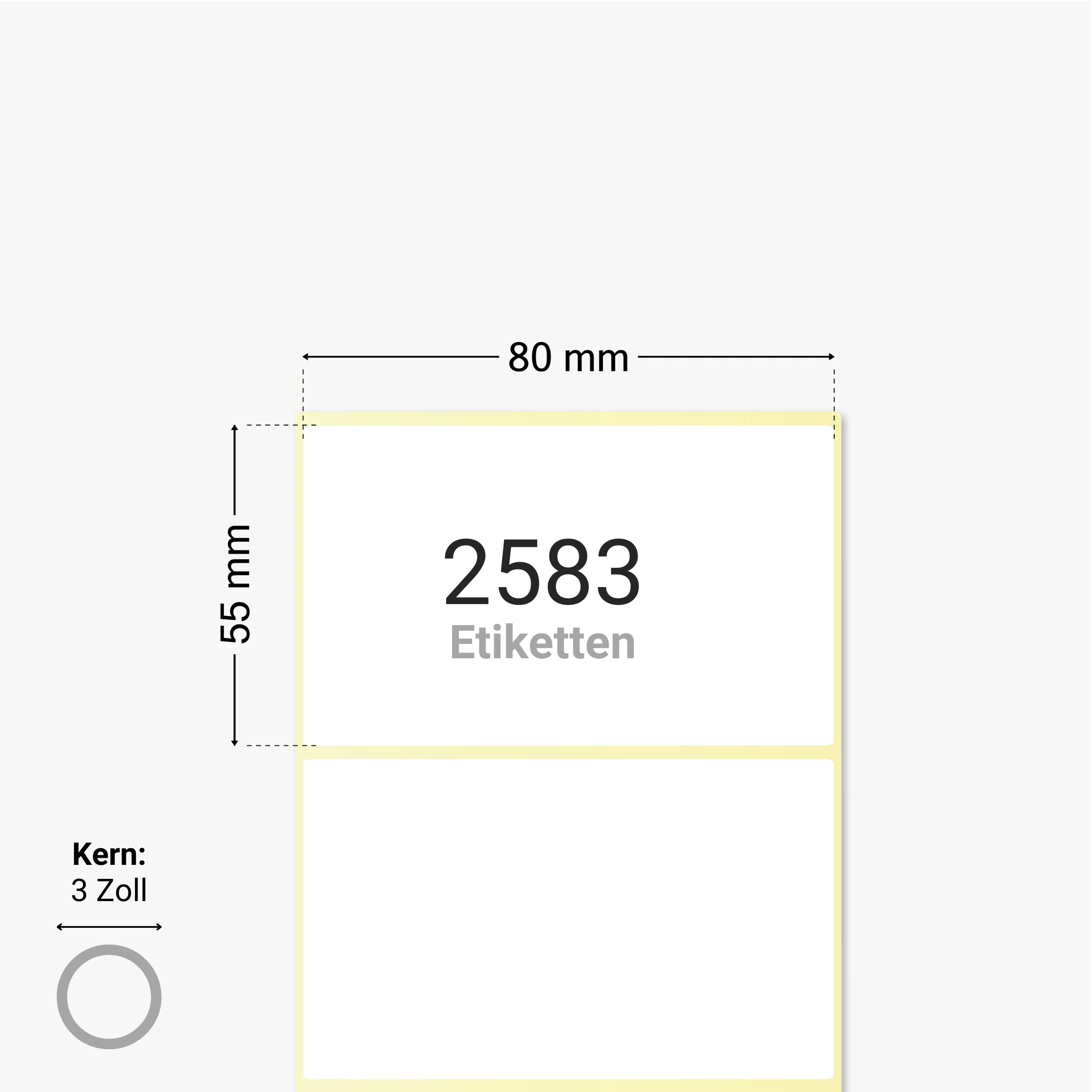 Thermotransfer-Etiketten, Papier, 80 x 55 mm, 3 Zoll Kern, permanent haftend, weiß, 2.583 Etiketten pro Rolle
