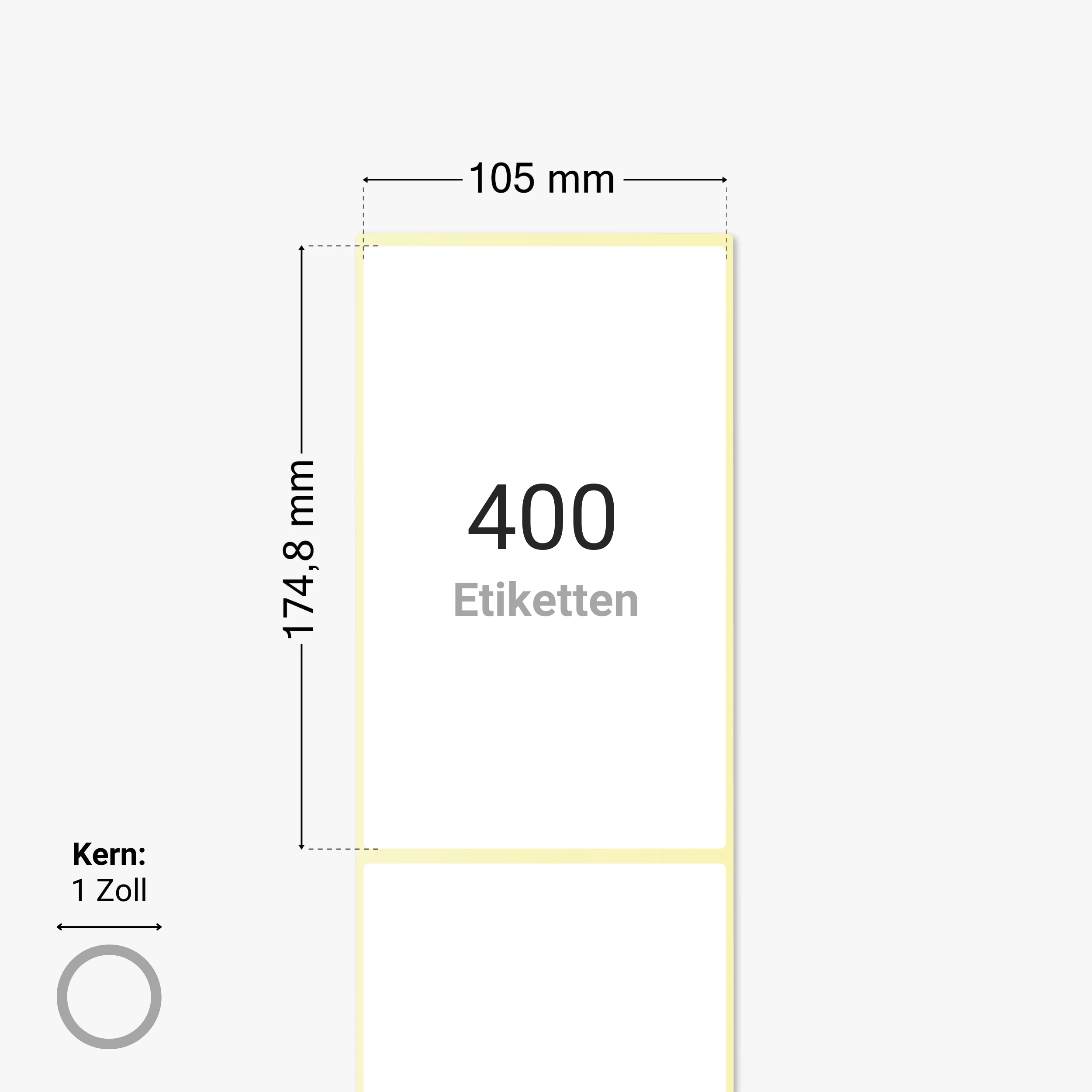 Thermo-Eco-Etiketten, Thermopapier, 105 x 174,8 mm, 1 Zoll Kern, permanent haftend, weiß, 400 Etiketten pro Rolle