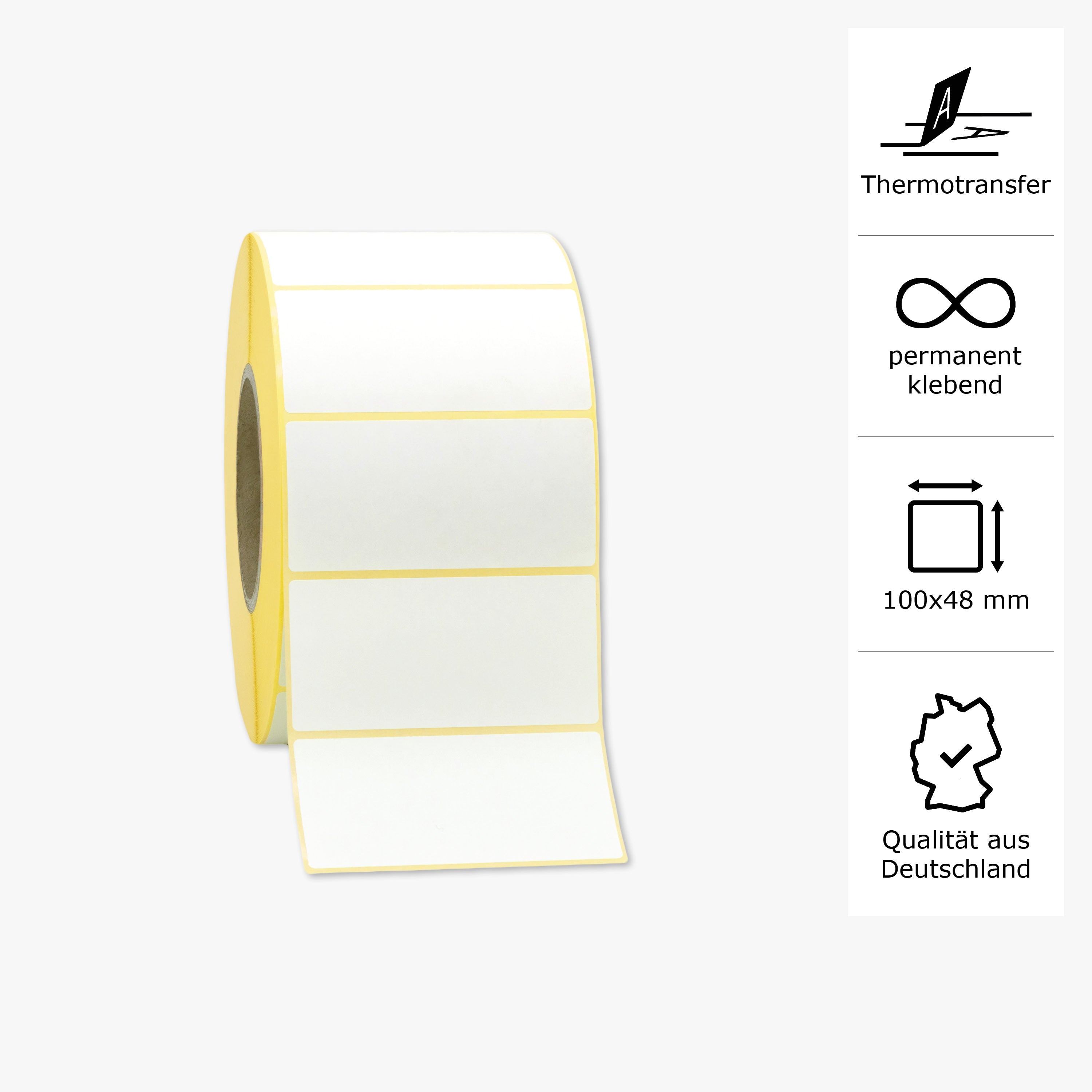 Thermotransfer-Etiketten, Papier, 100 x 48 mm, 3 Zoll Kern, permanent haftend, weiß, 2.952 Etiketten pro Rolle