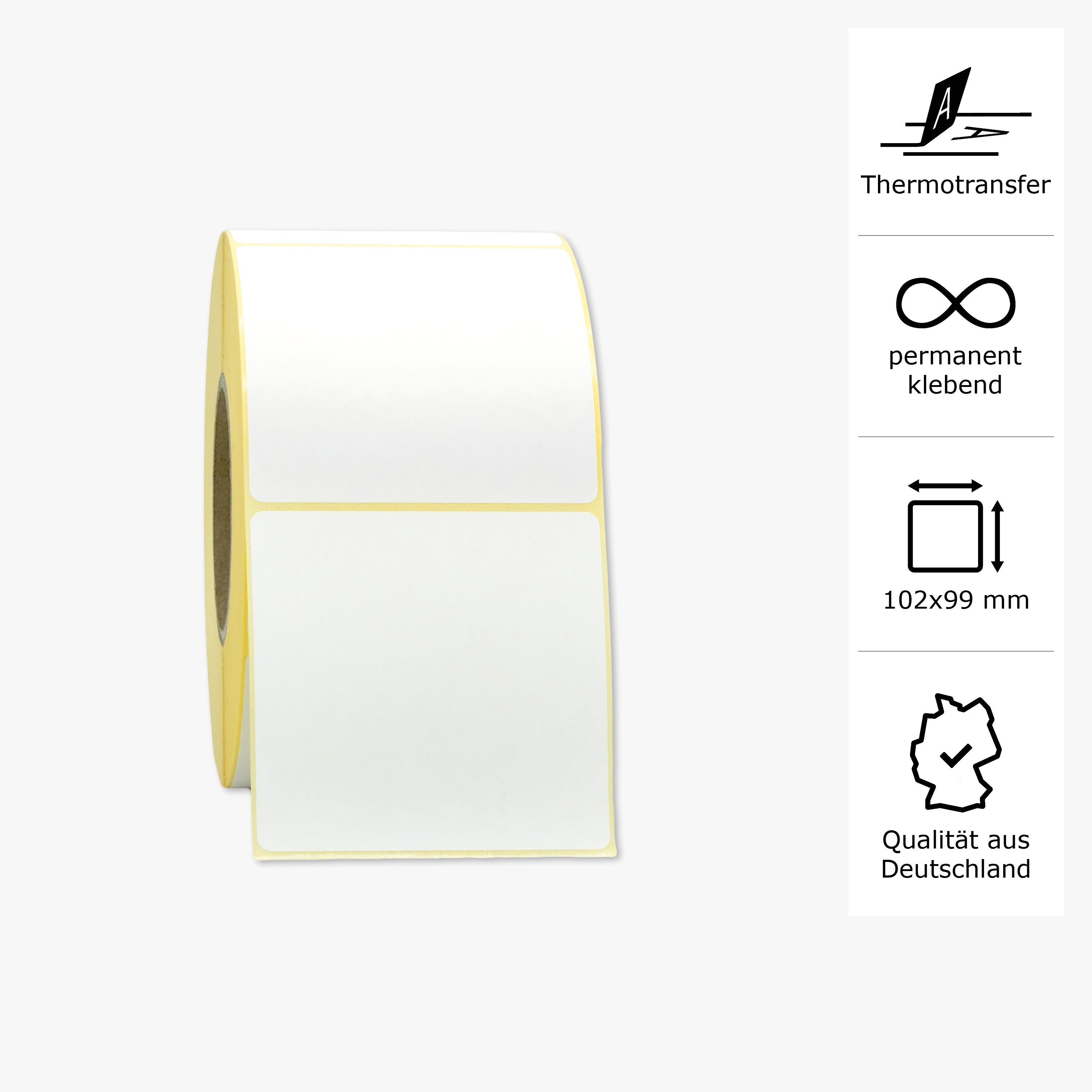 Thermotransfer-Etiketten, Papier, 102 x 99 mm, 3 Zoll Kern, permanent haftend, weiß, 1.476 Etiketten pro Rolle