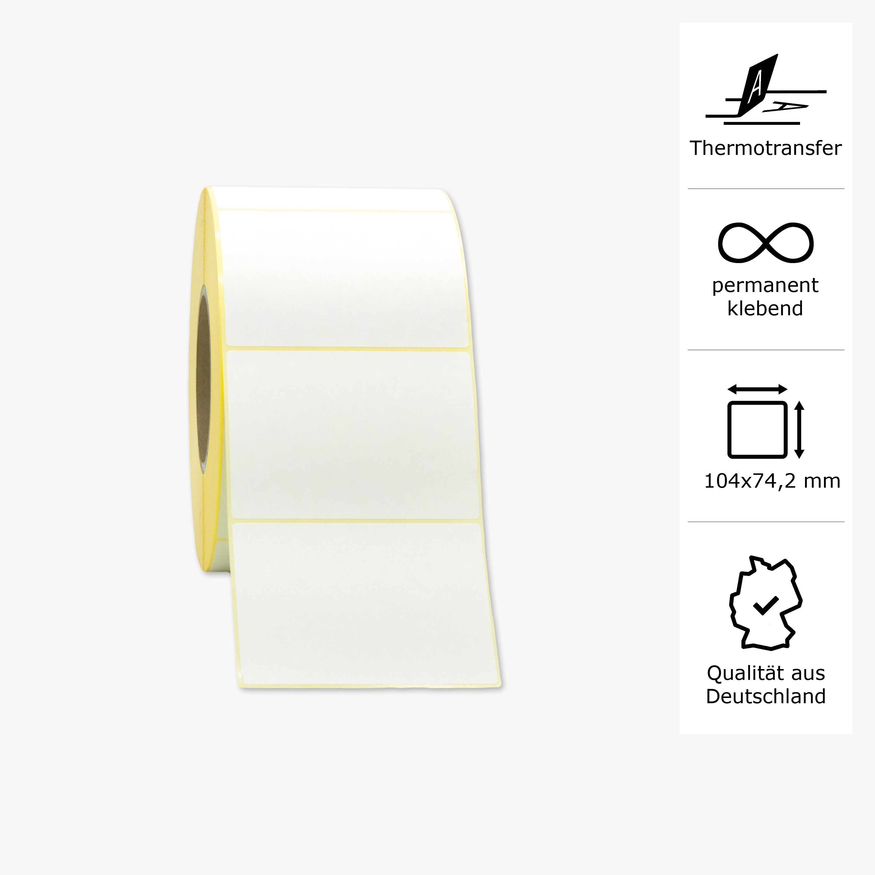 Thermotransfer-Etiketten, Papier, 104 x 74,2 mm, 3 Zoll Kern, permanent haftend, weiß,  1.968 Etiketten pro Rolle