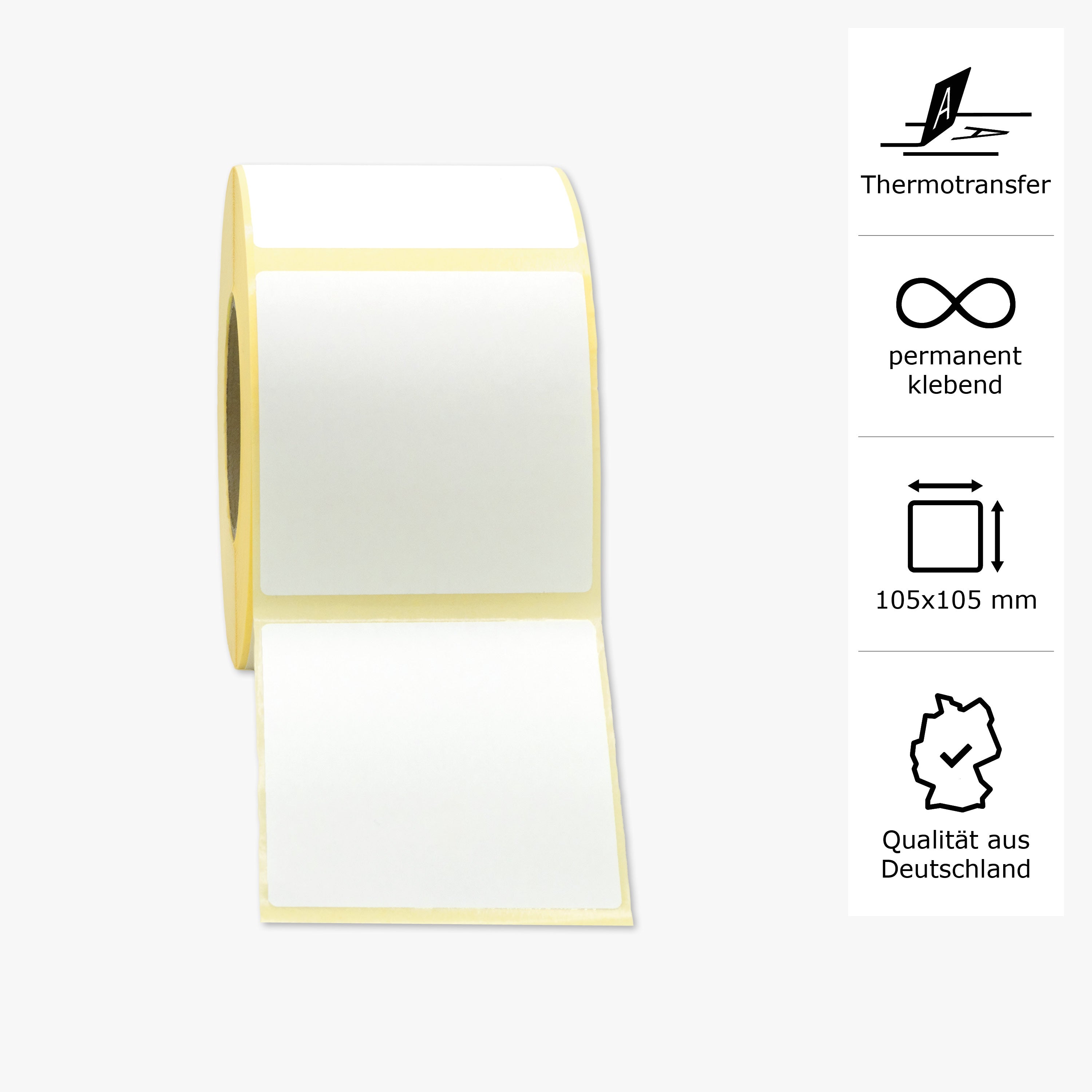 Thermotransfer-Etiketten, Papier, 105 x 105 mm, 3 Zoll Kern, permanent haftend, weiß,  1.389 Etiketten pro Rolle