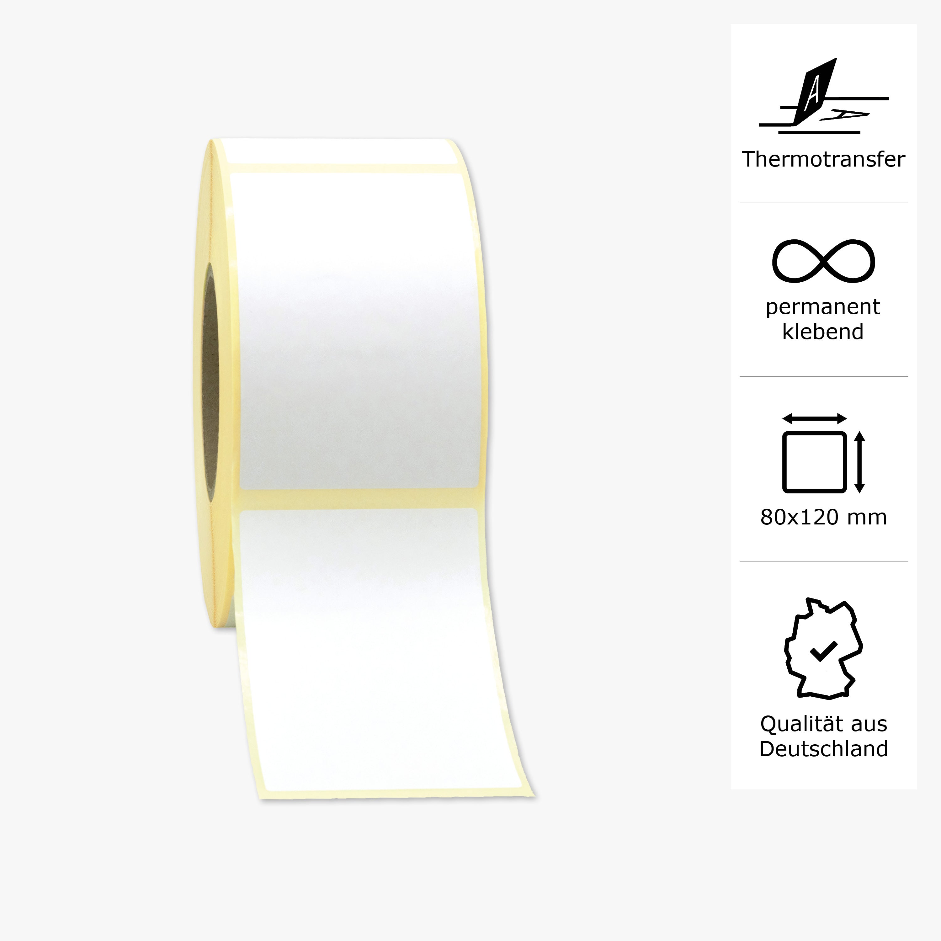 Thermotransfer-Etiketten, Papier, 80 x 120 mm, 3 Zoll Kern, permanent haftend, weiß, 1.211 Etiketten pro Rolle