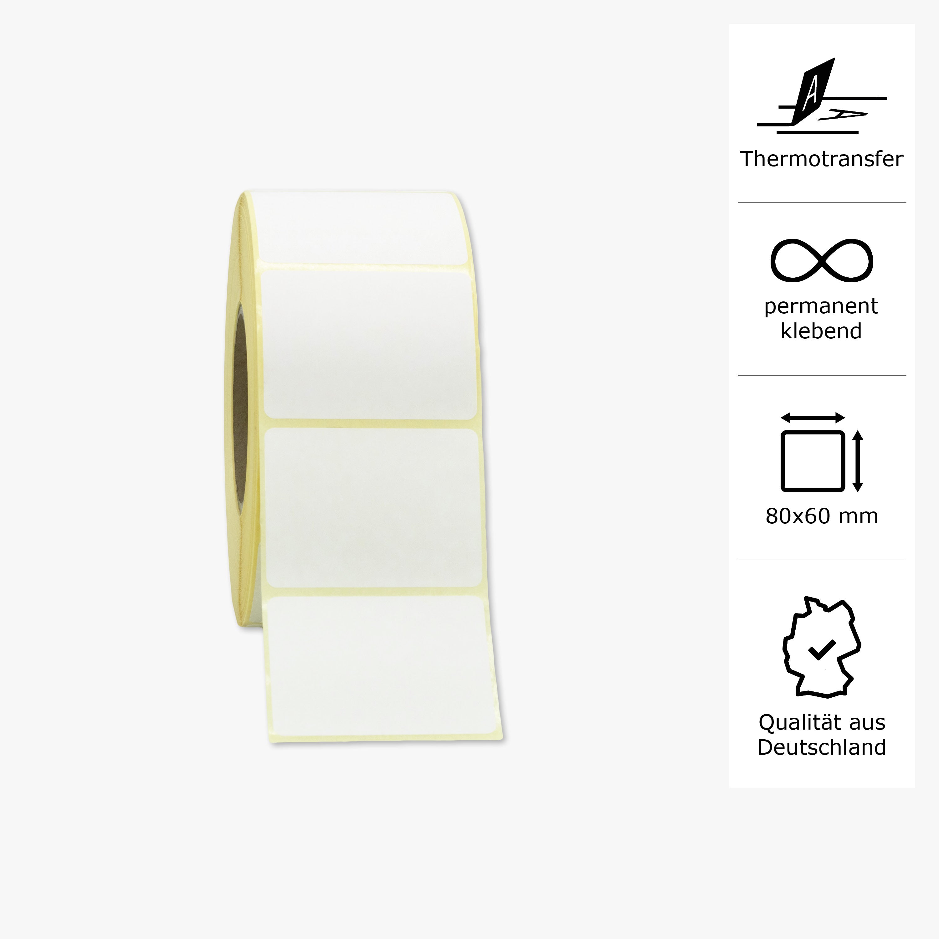 Thermotransfer-Etiketten, Papier, 80 x 60 mm, 3 Zoll Kern, permanent haftend, weiß, 2.362 Etiketten pro Rolle